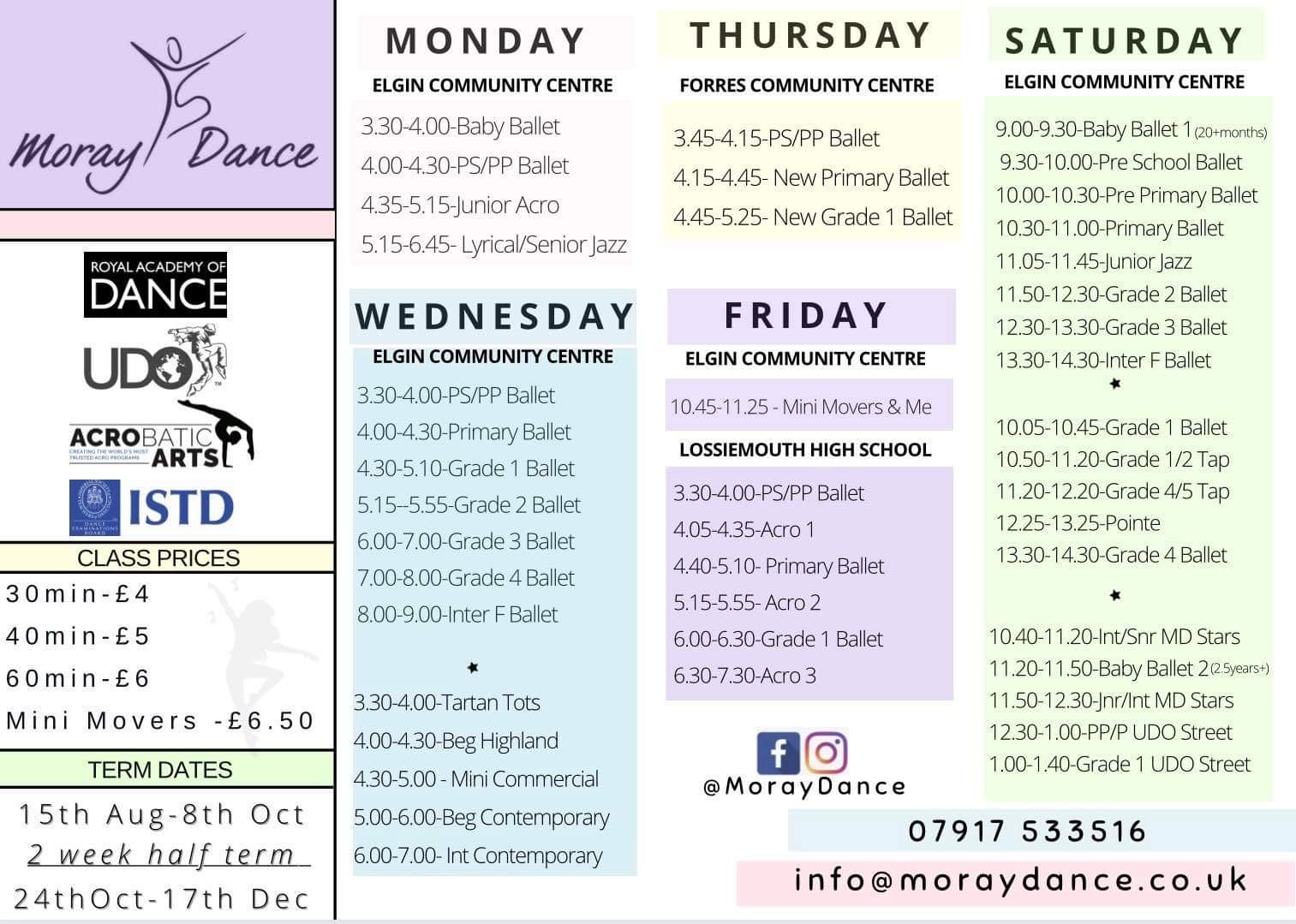 Moray Dance School Timetable for Elgin, Lossiemouth & Kinloss